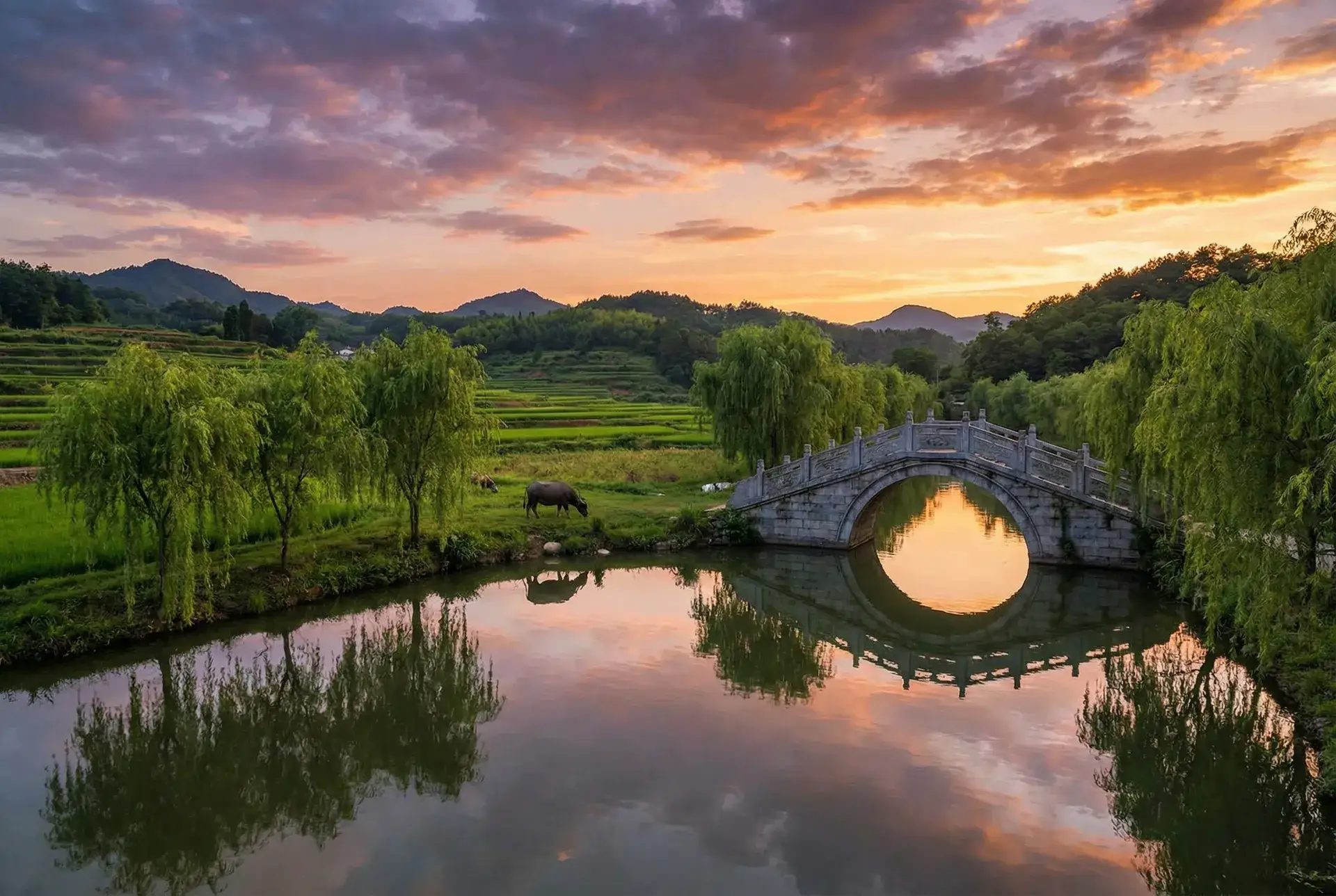 夕阳下的石拱桥与垂柳，水牛在河边吃草 - 欧美又粗又大XXXXBBBB 乡村美景